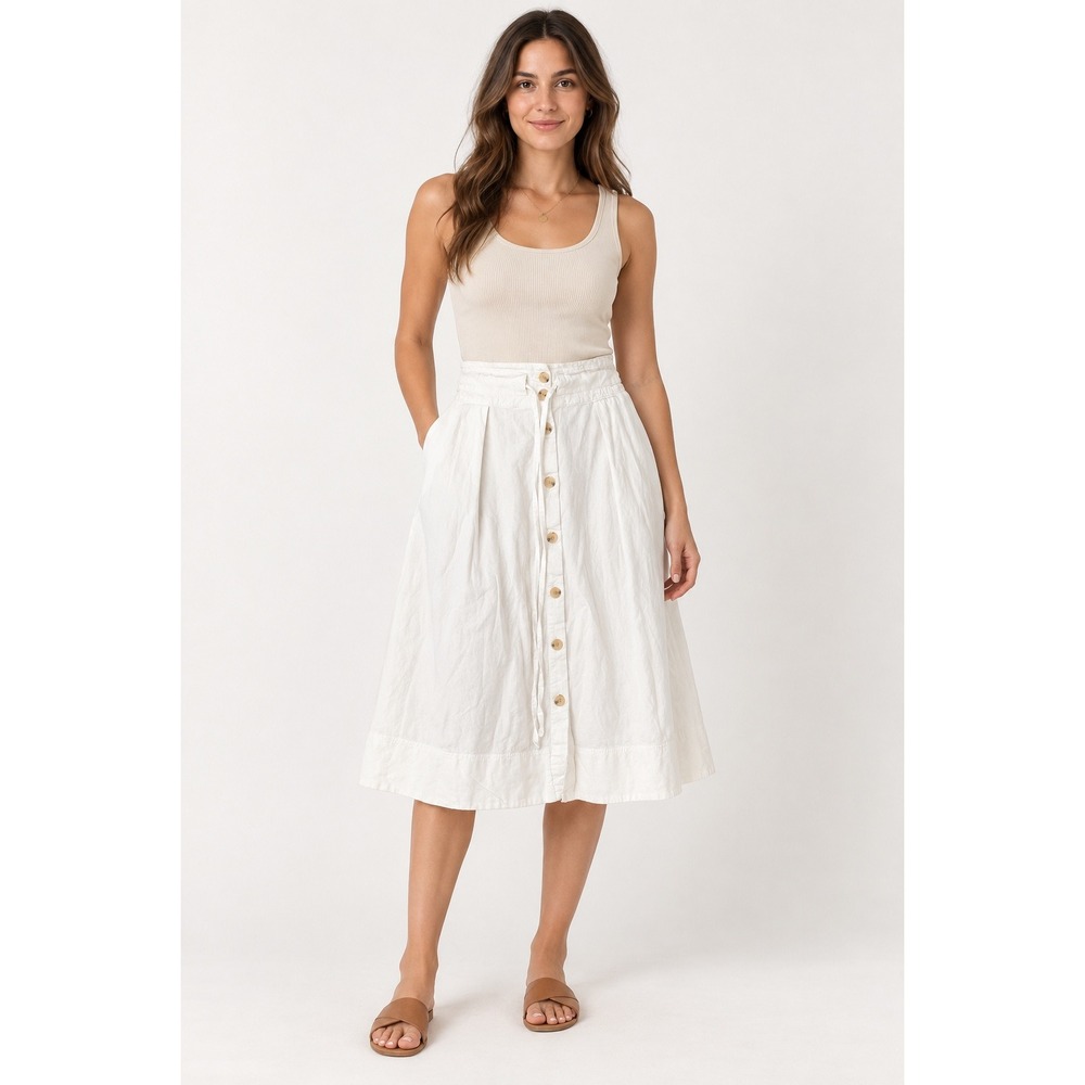 A New Day Midi Skirt Womens S White High Rise Button Front Linen Blend Boho